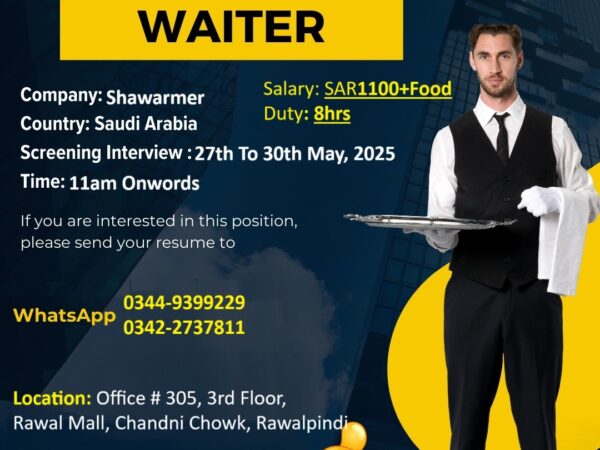 Waiter Jobs in Saudi Arabia – Shawarmer Hiring Now | Salary SAR 1100 + Food | Nokri.Fun